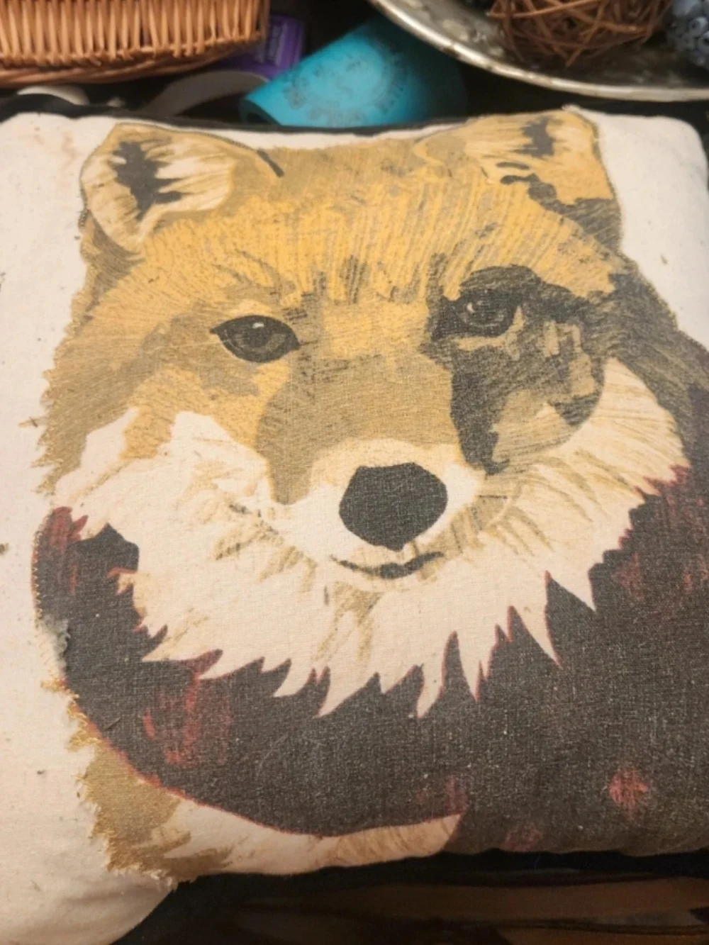 Vintage 80's Painted Fox Print Accent Pillow in Neutral and Gold Tones
